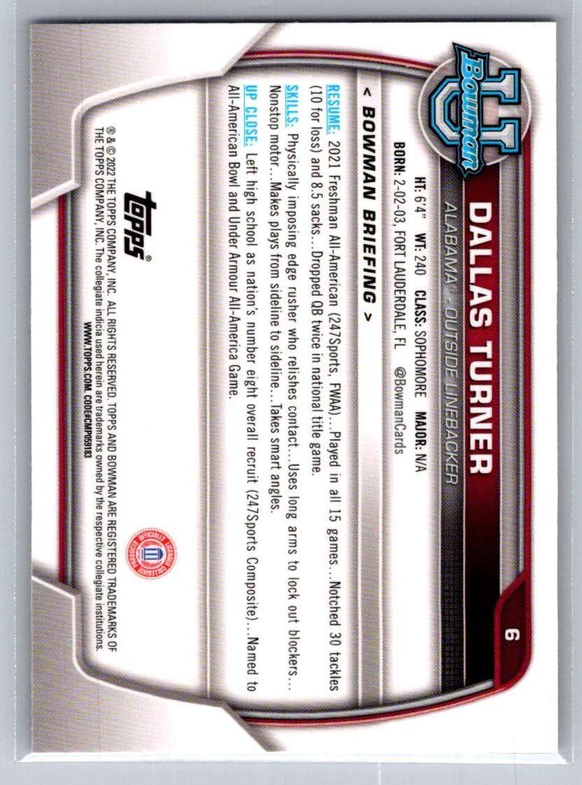 2022 Bowman University Chrome #6 Dallas Turner Alabama Crimson Tide