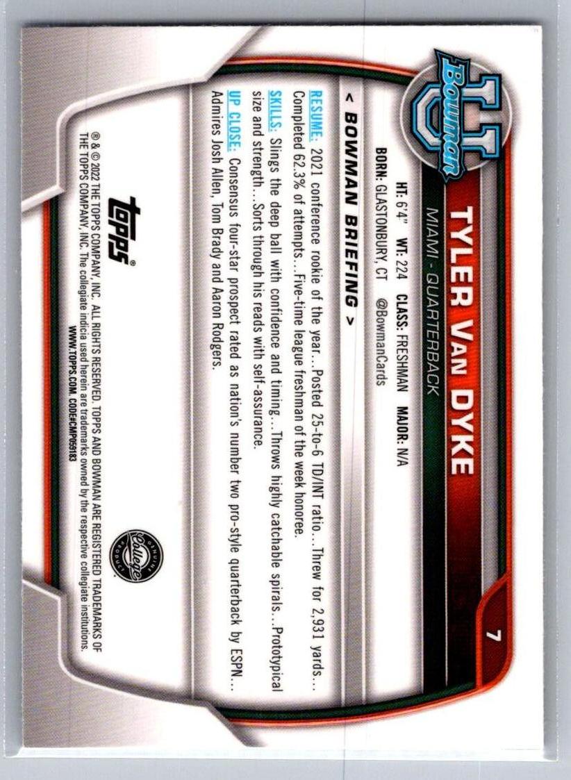 2022 Bowman University Chrome #7 Tyler Van Dyke Miami Hurricanes