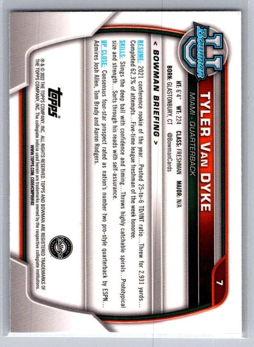 2022 Bowman University Chrome #7 Tyler Van Dyke Miami Hurricanes