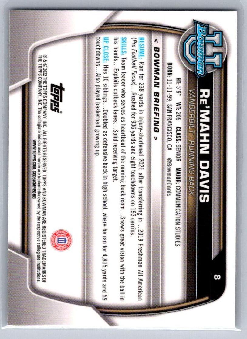 2022 Bowman University Chrome #8 Re'Mahn Davis Vanderbilt Commodores