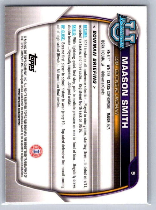 2022 Bowman University Chrome #9 Maason Smith LSU Tigers