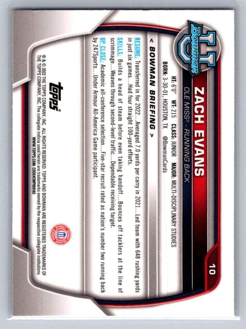 2022 Bowman University Chrome #10 Zach Evans Ole Miss Rebels