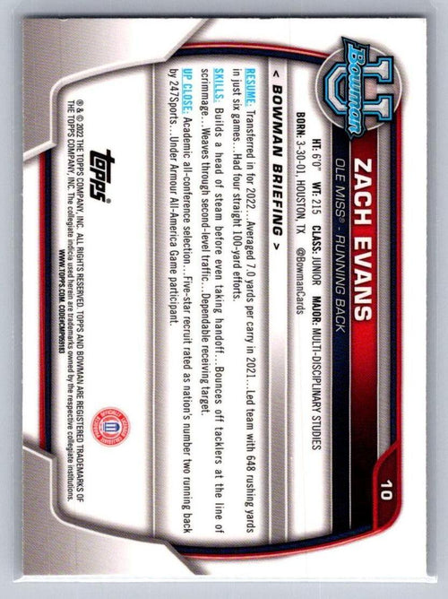 2022 Bowman University Chrome #10 Zach Evans Ole Miss Rebels