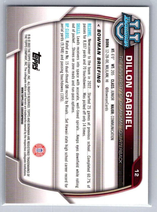 2022 Bowman University Chrome #12 Dillon Gabriel Oklahoma Sooners