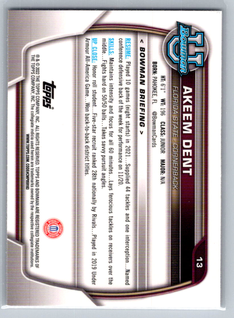 2022 Bowman University Chrome #13 Akeem Dent Florida State Seminoles