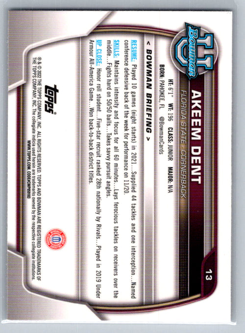 2022 Bowman University Chrome #13 Akeem Dent Florida State Seminoles