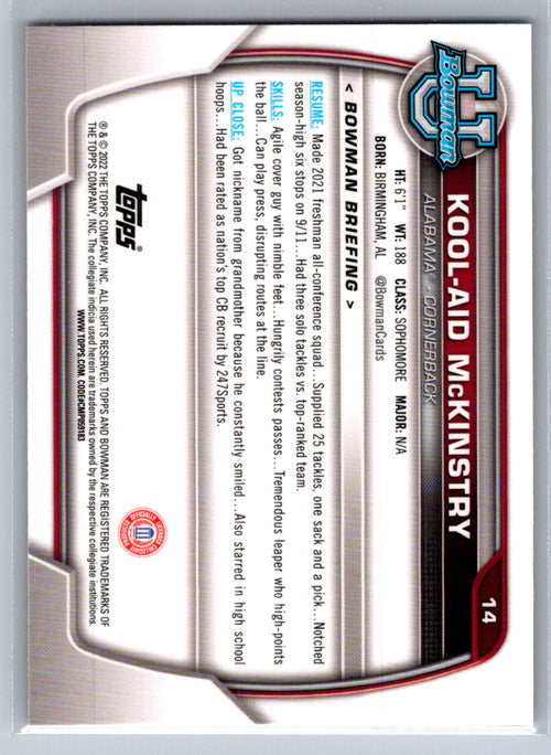 2022 Bowman University Chrome #14 Kool-Aid McKinstry Alabama Crimson Tide