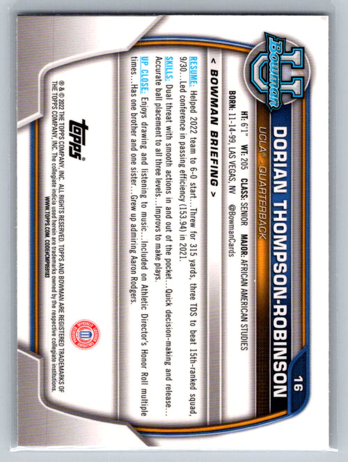 2022 Bowman University Chrome #16 Dorian Thompson-Robinson UCLA Bruins