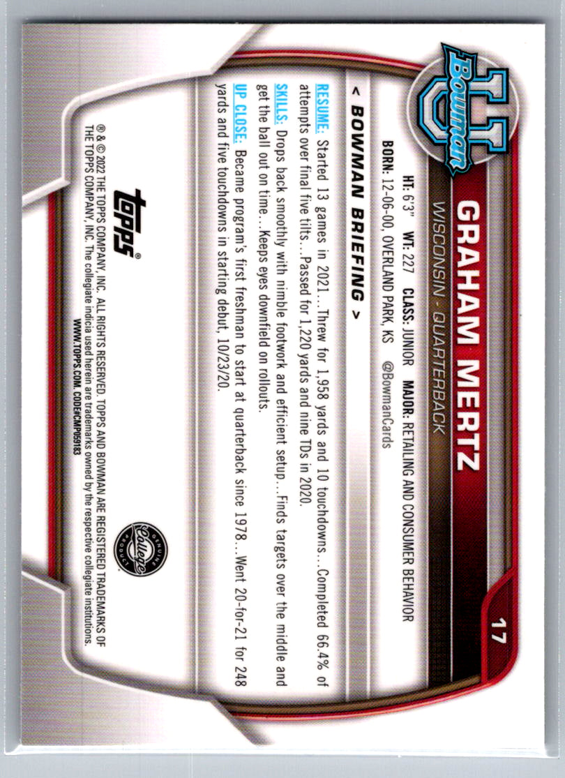 2022 Bowman University Chrome #17 Graham Mertz Wisconsin Badgers
