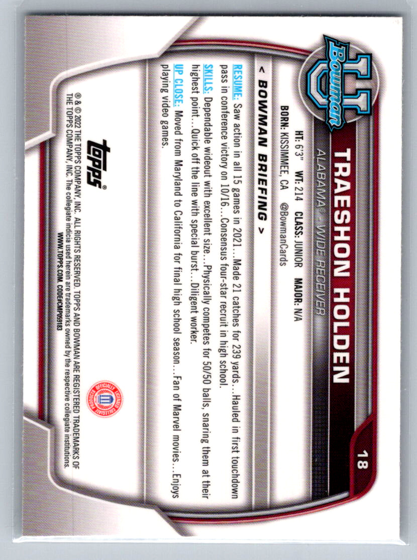 2022 Bowman University Chrome #18 Traeshon Holden Alabama Crimson Tide