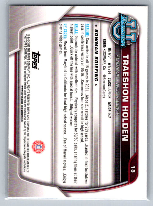 2022 Bowman University Chrome #18 Traeshon Holden Alabama Crimson Tide
