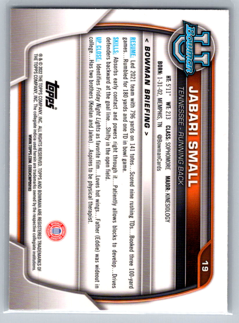2022 Bowman University Chrome #19 Jabari Small Tennessee Volunteers