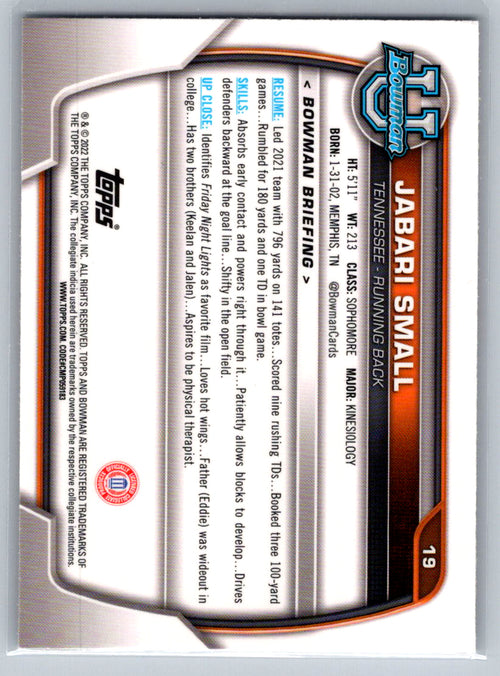 2022 Bowman University Chrome #19 Jabari Small Tennessee Volunteers