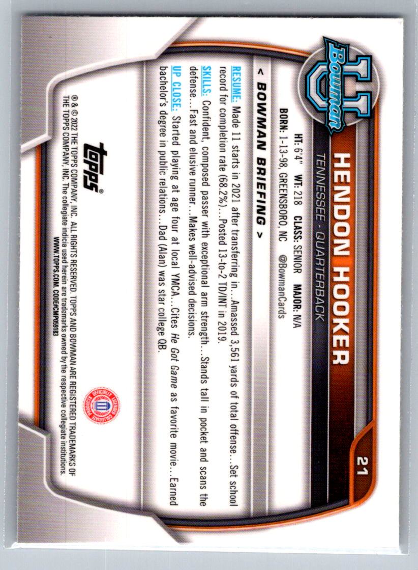 2022 Bowman University Chrome #21 Hendon Hooker Tennessee Volunteers