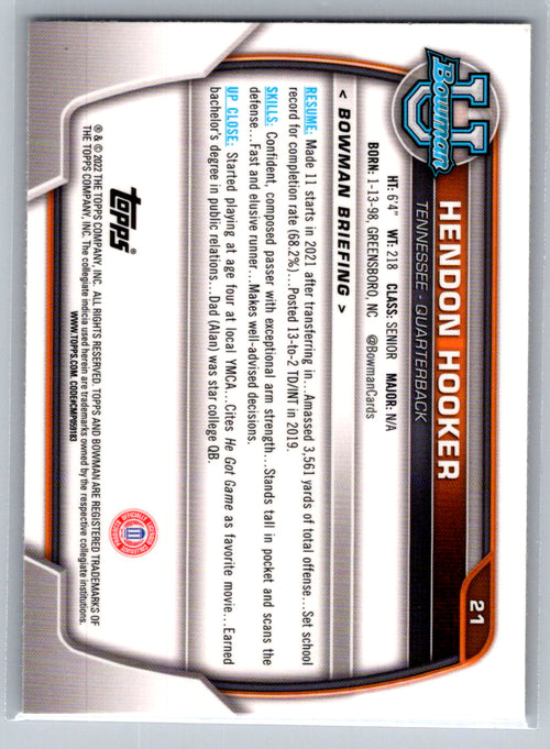2022 Bowman University Chrome #21 Hendon Hooker Tennessee Volunteers