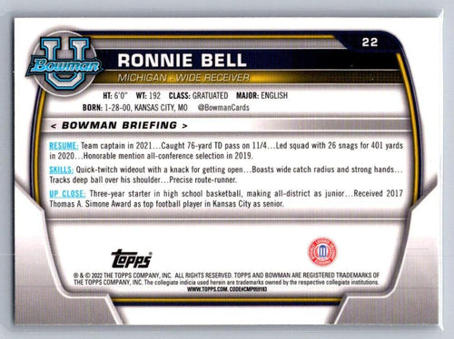 2022 Bowman University Chrome #22 Ronnie Bell Michigan Wolverines