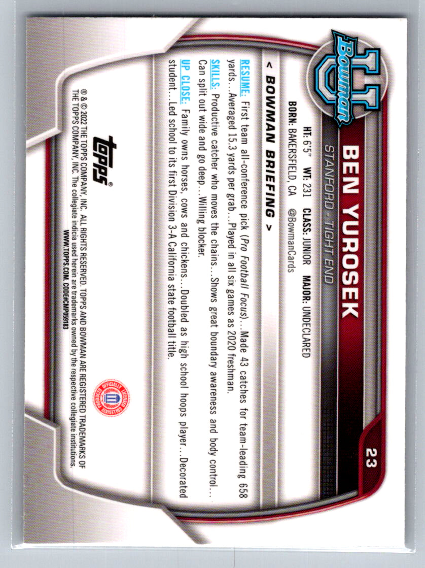 2022 Bowman University Chrome #23 Ben Yurosek Stanford Cardinal