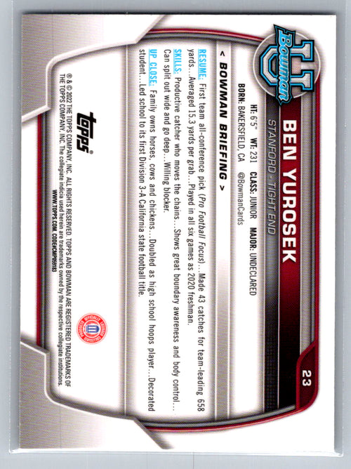 2022 Bowman University Chrome #23 Ben Yurosek Stanford Cardinal