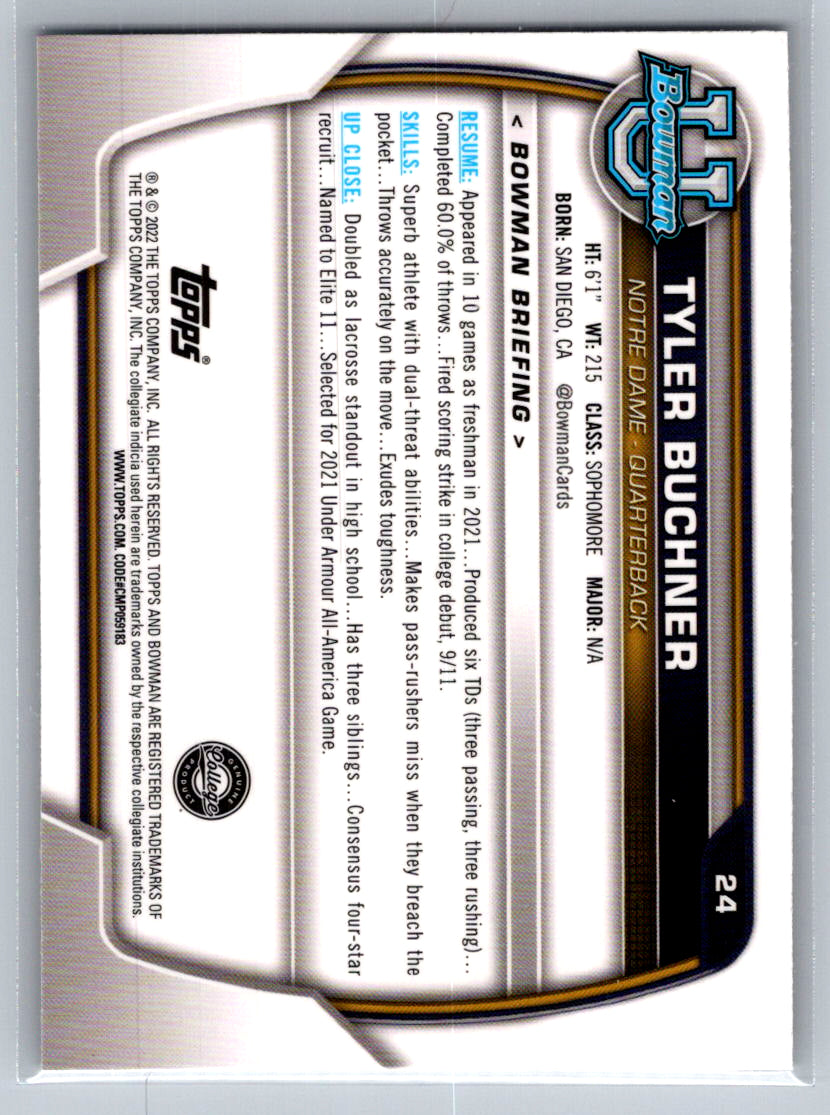 2022 Bowman University Chrome #24 Tyler Buchner Notre Dame Fighting Irish