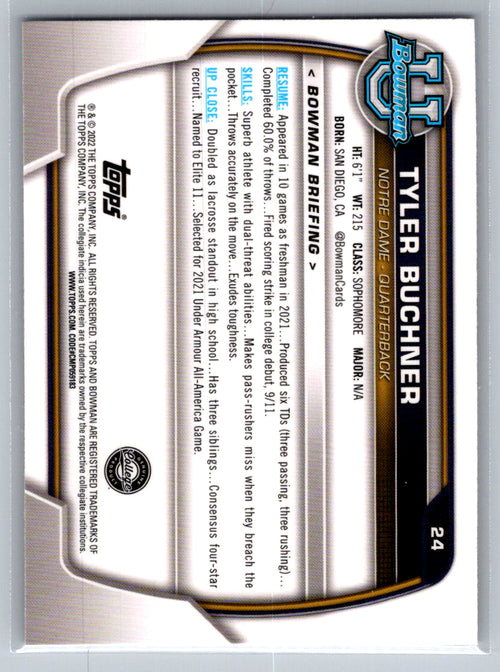 2022 Bowman University Chrome #24 Tyler Buchner Notre Dame Fighting Irish