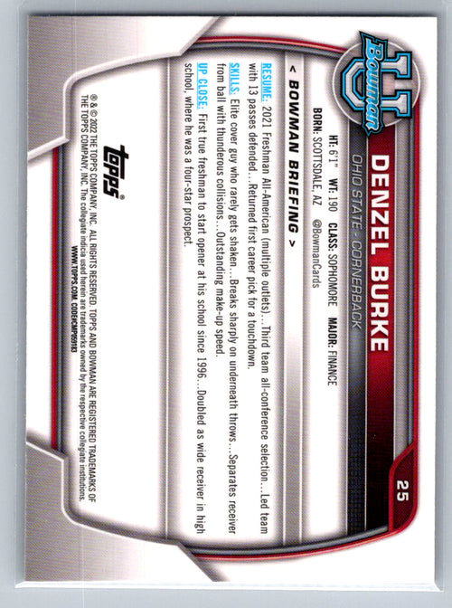 2022 Bowman University Chrome #25 Denzel Burke Ohio State Buckeyes