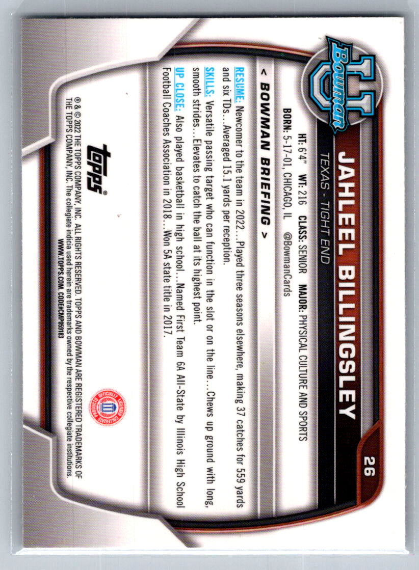 2022 Bowman University Chrome #26 Jahleel Billingsley Texas Longhorns