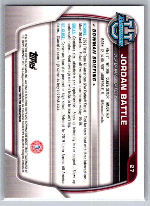 2022 Bowman University Chrome #27 Jordan Battle Alabama Crimson Tide