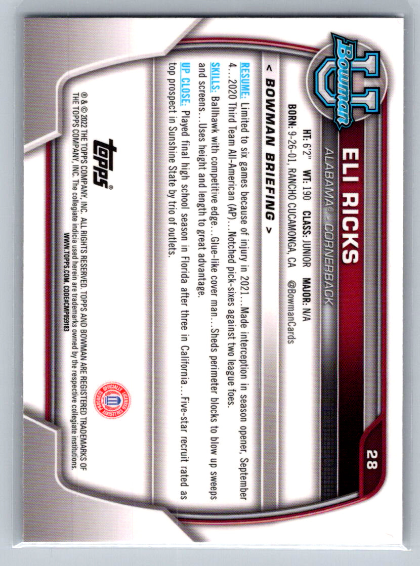 2022 Bowman University Chrome #28 Eli Ricks Alabama Crimson Tide