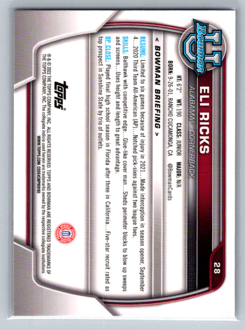 2022 Bowman University Chrome #28 Eli Ricks Alabama Crimson Tide