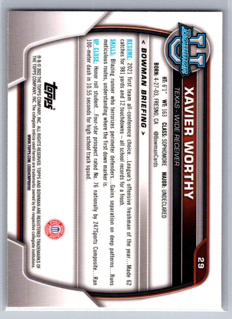 2022 Bowman University Chrome #29 Xavier Worthy Texas Longhorns