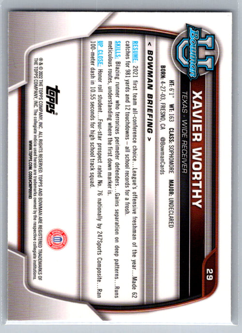 2022 Bowman University Chrome #29 Xavier Worthy Texas Longhorns