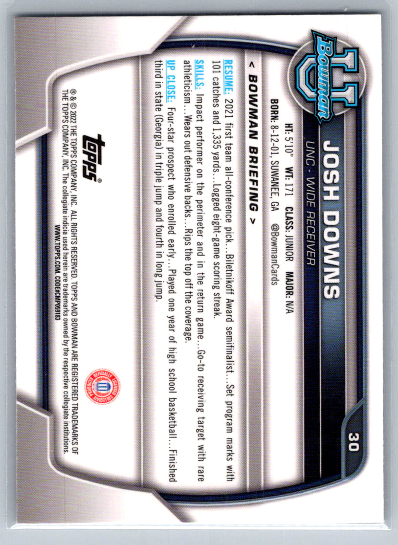 2022 Bowman University Chrome #30 Josh Downs North Carolina Tar Heels