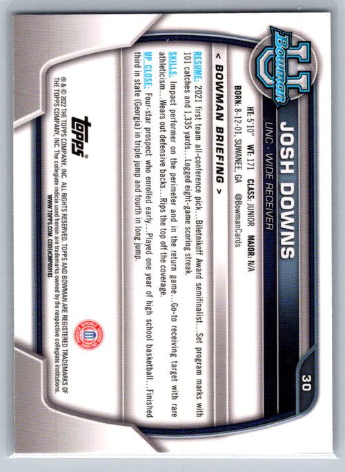 2022 Bowman University Chrome #30 Josh Downs North Carolina Tar Heels