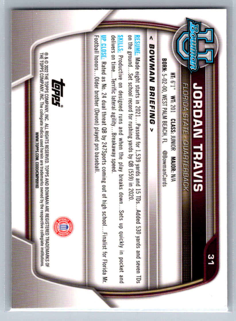 2022 Bowman University Chrome #31 Jordan Travis Florida State Seminoles