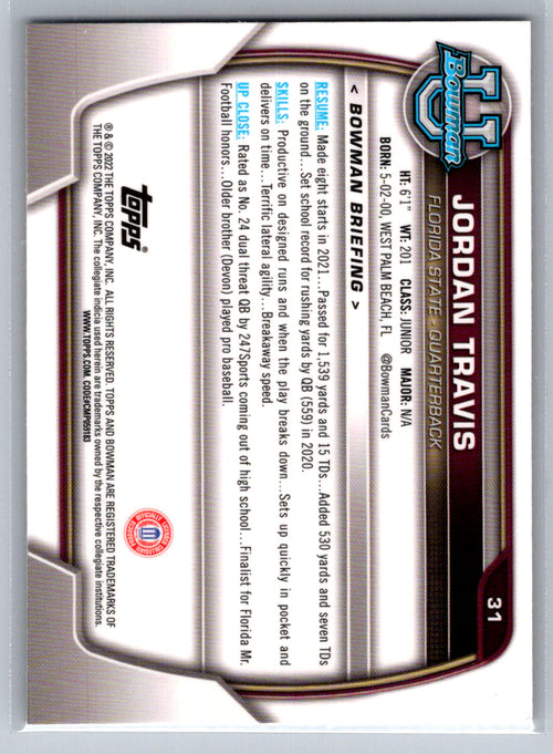 2022 Bowman University Chrome #31 Jordan Travis Florida State Seminoles