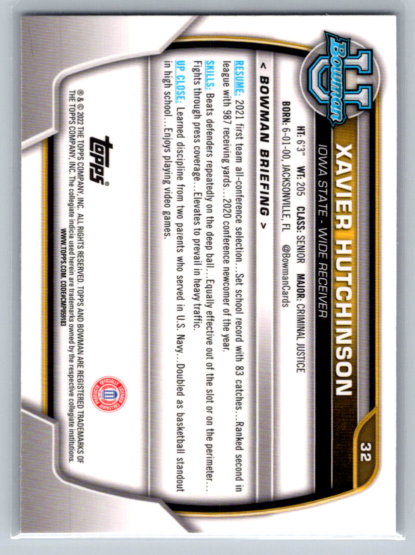 2022 Bowman University Chrome #32 Xavier Hutchinson Iowa State Cyclones