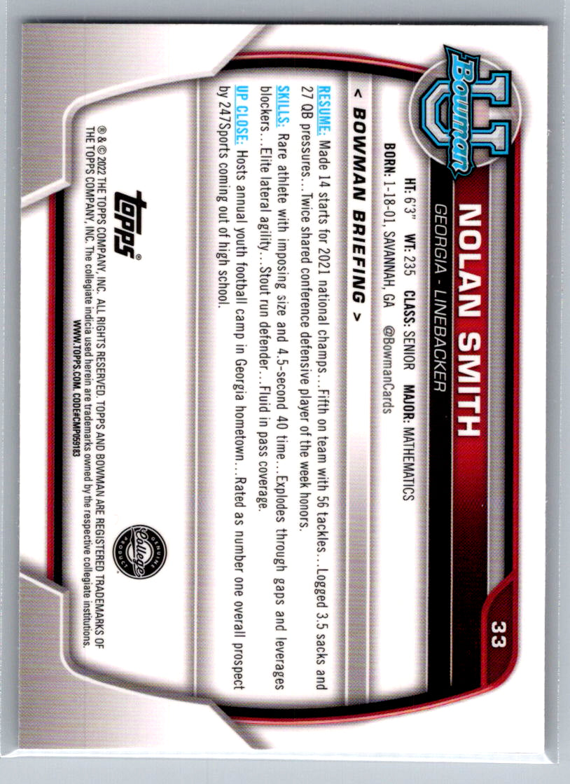2022 Bowman University Chrome #33 Nolan Smith Georgia Bulldogs