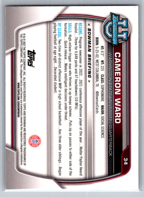 2022 Bowman University Chrome #34 Cameron Ward Washington State Cougars