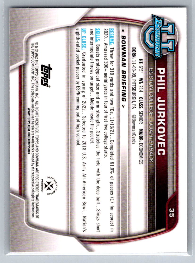 2022 Bowman University Chrome #35 Phil Jurkovec Boston College Eagles