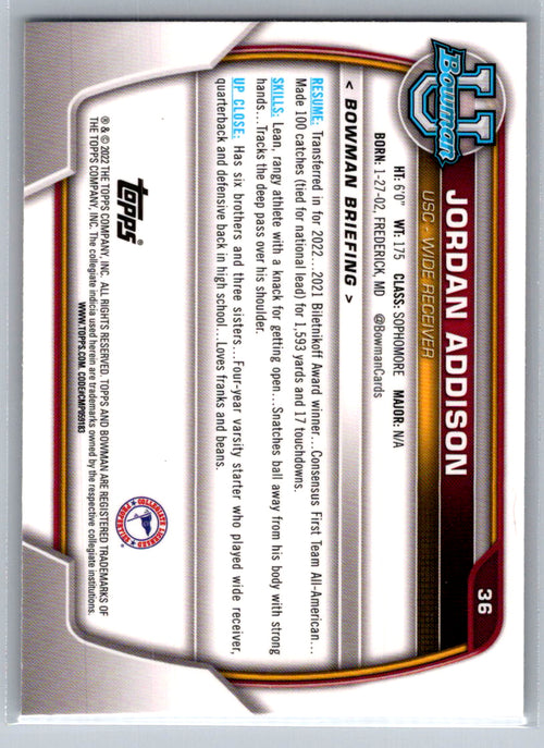 2022 Bowman University Chrome #36 Jordan Addison USC Trojans