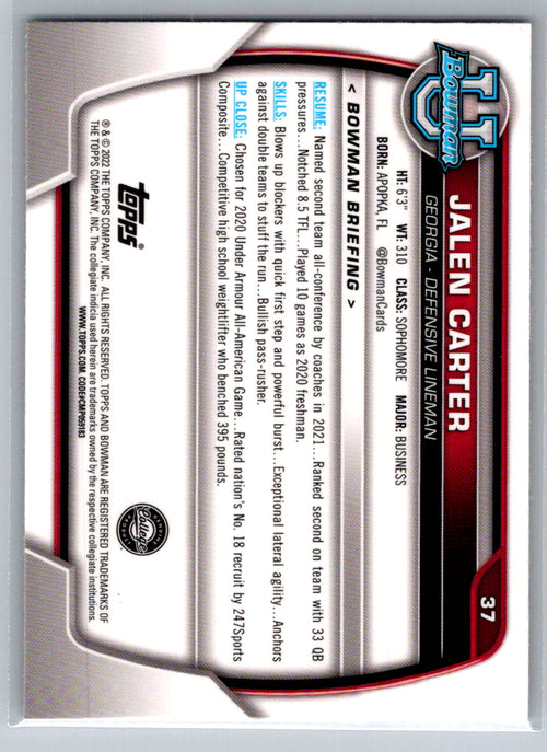 2022 Bowman University Chrome #37 Jalen Carter Georgia Bulldogs
