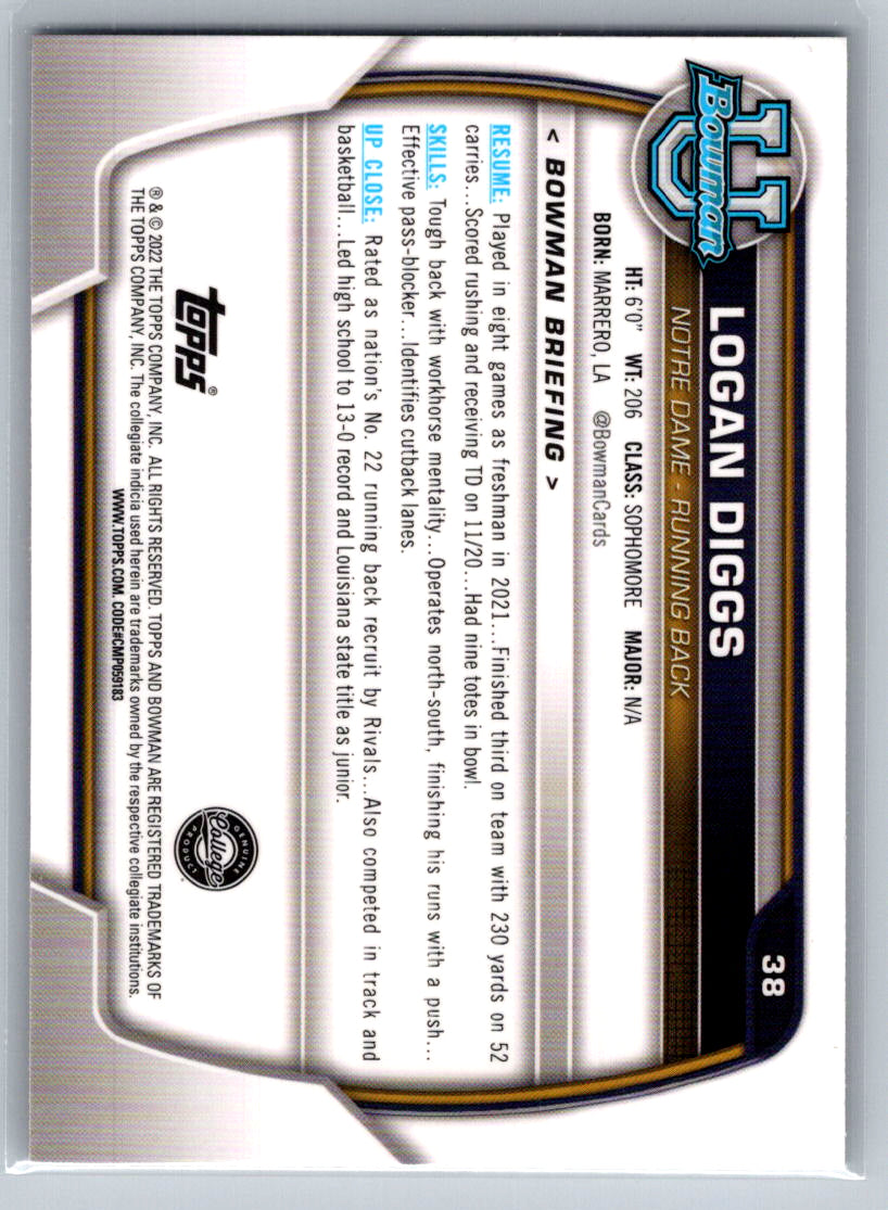 2022 Bowman University Chrome #38 Logan Diggs Notre Dame Fighting Irish