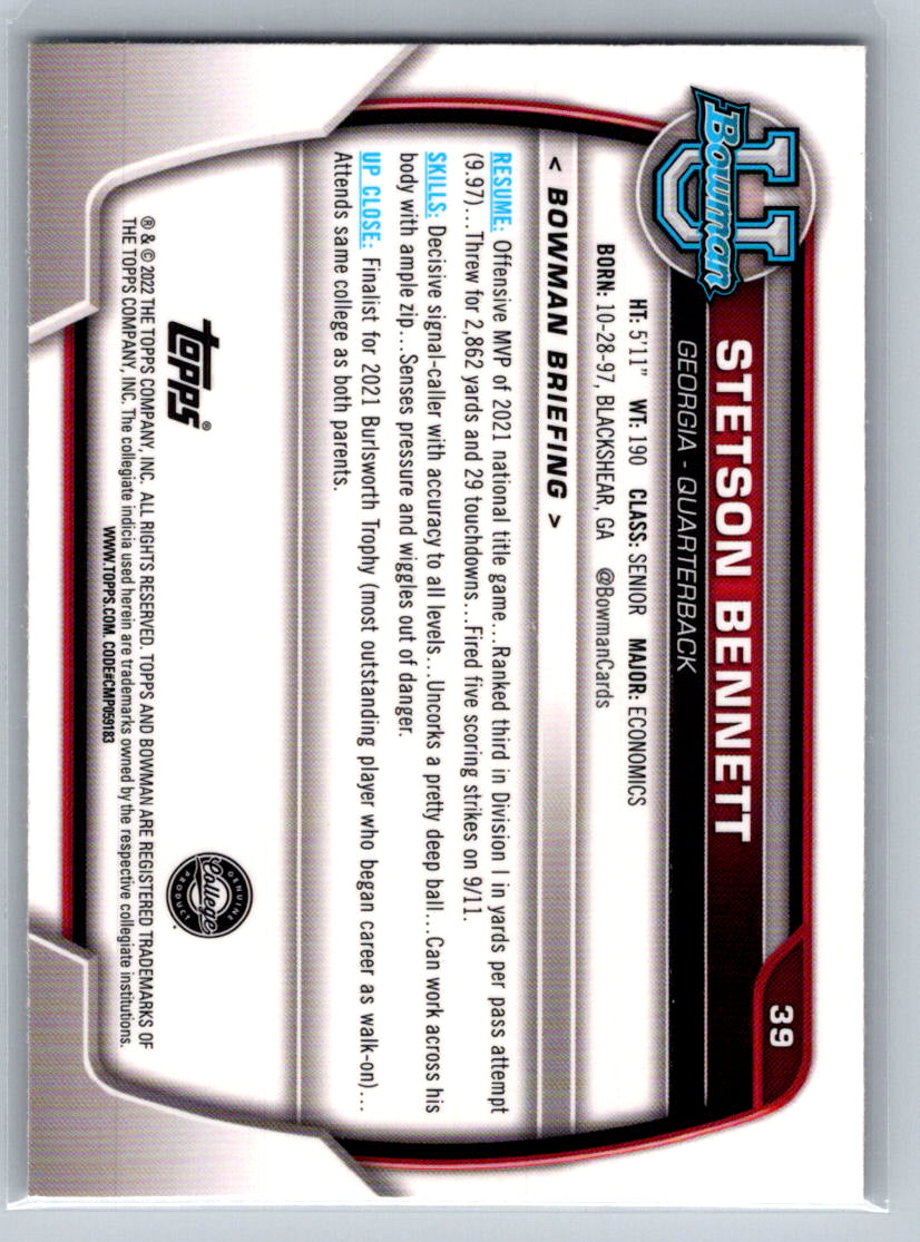 2022 Bowman University Chrome #39 Stetson Bennett Georgia Bulldogs