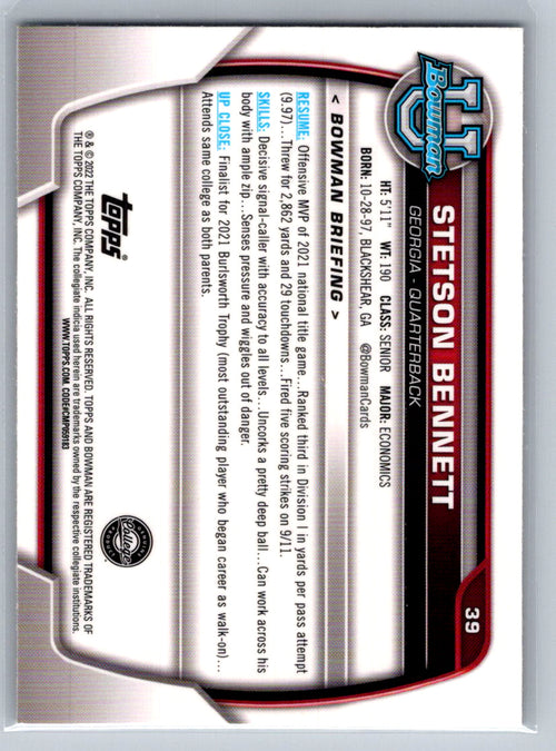 2022 Bowman University Chrome #39 Stetson Bennett Georgia Bulldogs
