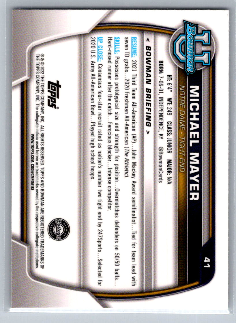 2022 Bowman University Chrome #41 Michael Mayer Notre Dame Fighting Irish