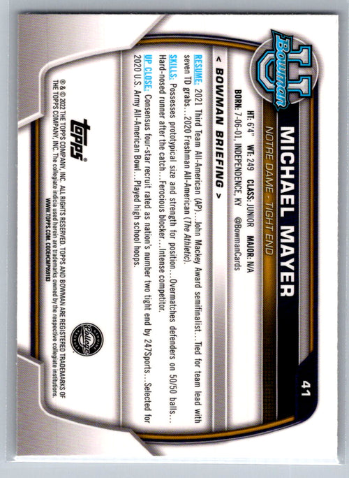 2022 Bowman University Chrome #41 Michael Mayer Notre Dame Fighting Irish