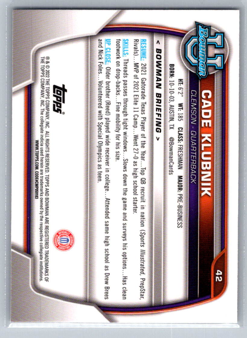 2022 Bowman University Chrome #42 Cade Klubnik Clemson Tigers