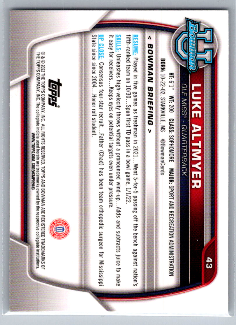 2022 Bowman University Chrome #43 Luke Altmyer Ole Miss Rebels