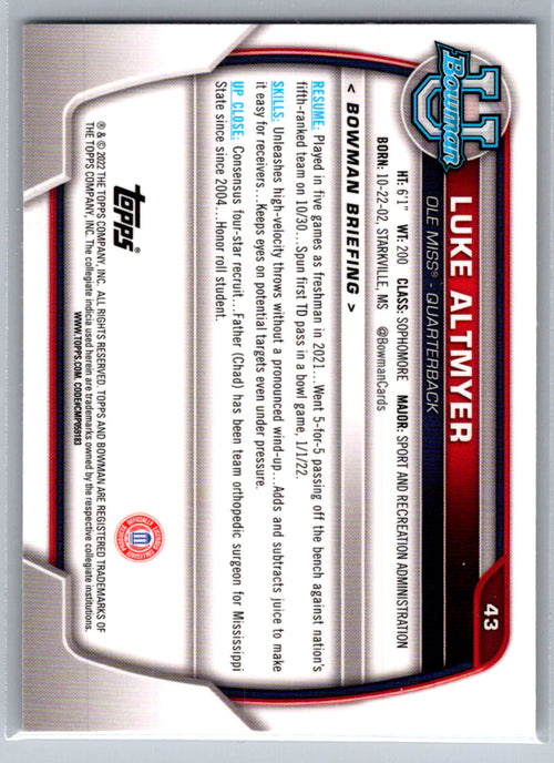 2022 Bowman University Chrome #43 Luke Altmyer Ole Miss Rebels