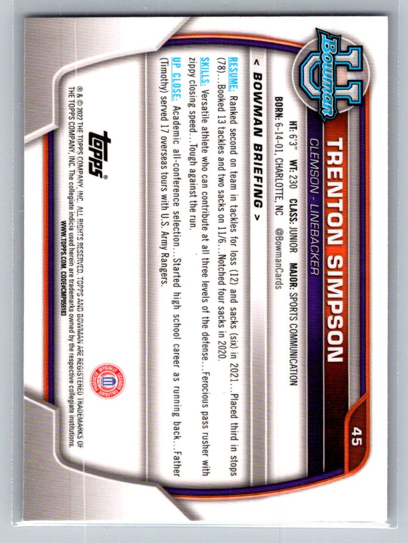 2022 Bowman University Chrome #45 Trenton Simpson Clemson Tigers
